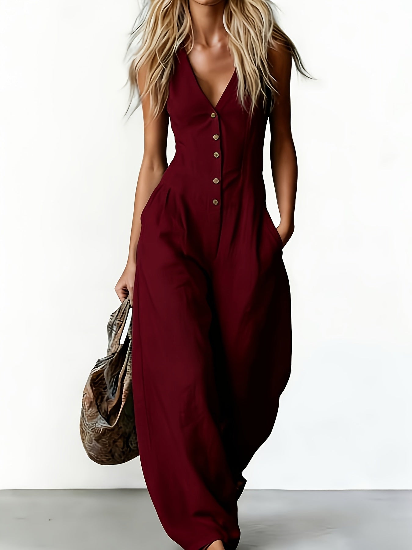 Chic V-Neck Sleeveless Straight-Leg Jumpsuit