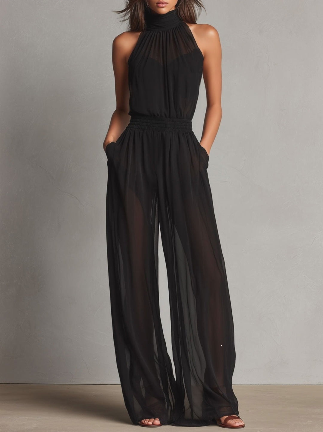 Womens Chiffon Spliced Sleeveless High-Neck Backless Wide-Leg Jumpsuit