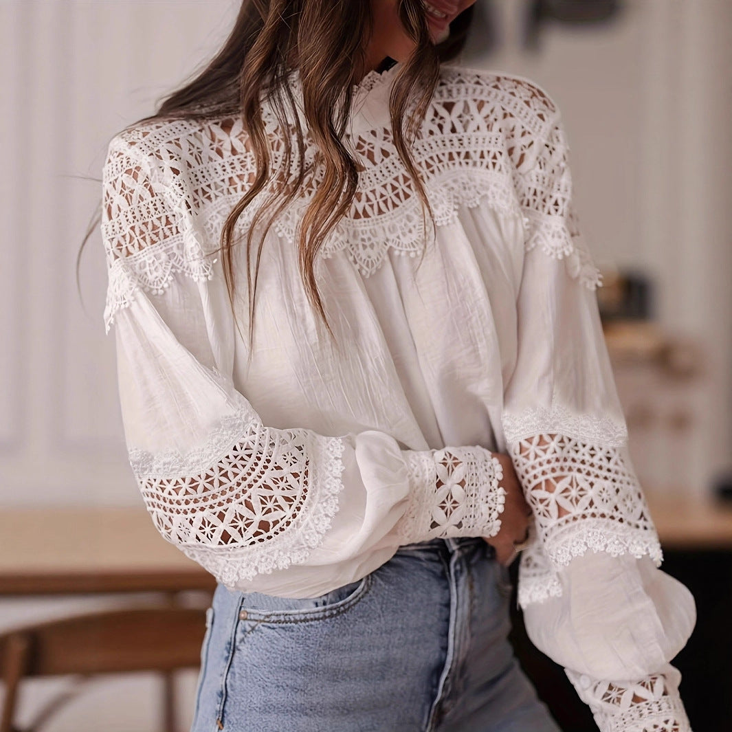 Womens Solid-Color Crochet Hollowed-Out Flare-Sleeve Shirt