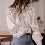 Womens Solid-Color Crochet Hollowed-Out Flare-Sleeve Shirt