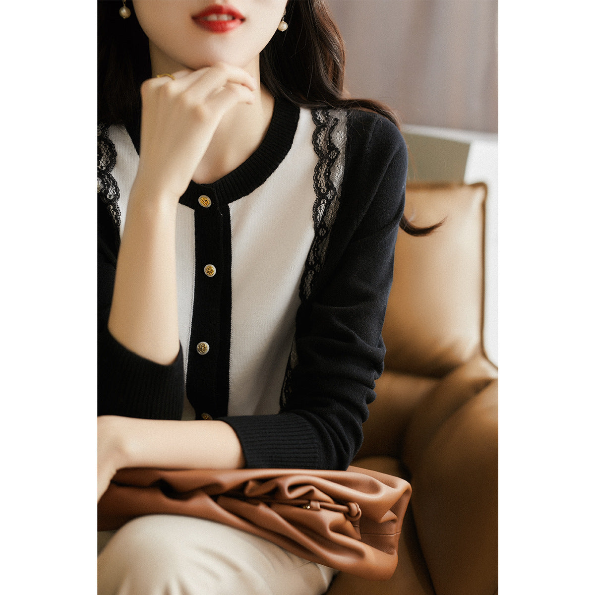 Slimming Lace Patchwork Round Neck Knitted Cardigan Sweater