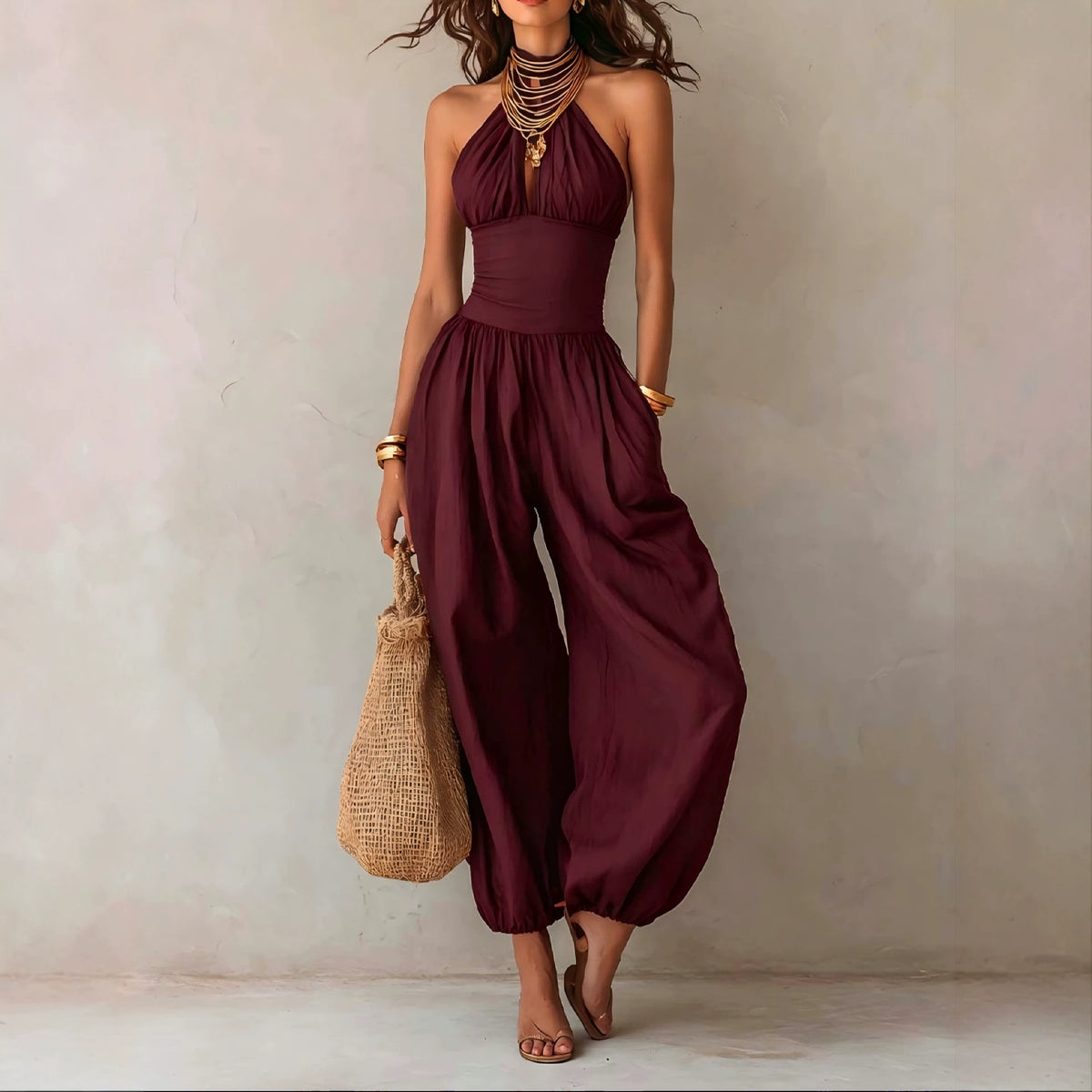 Bohemian Backless Wide-Leg Halter Jumpsuit