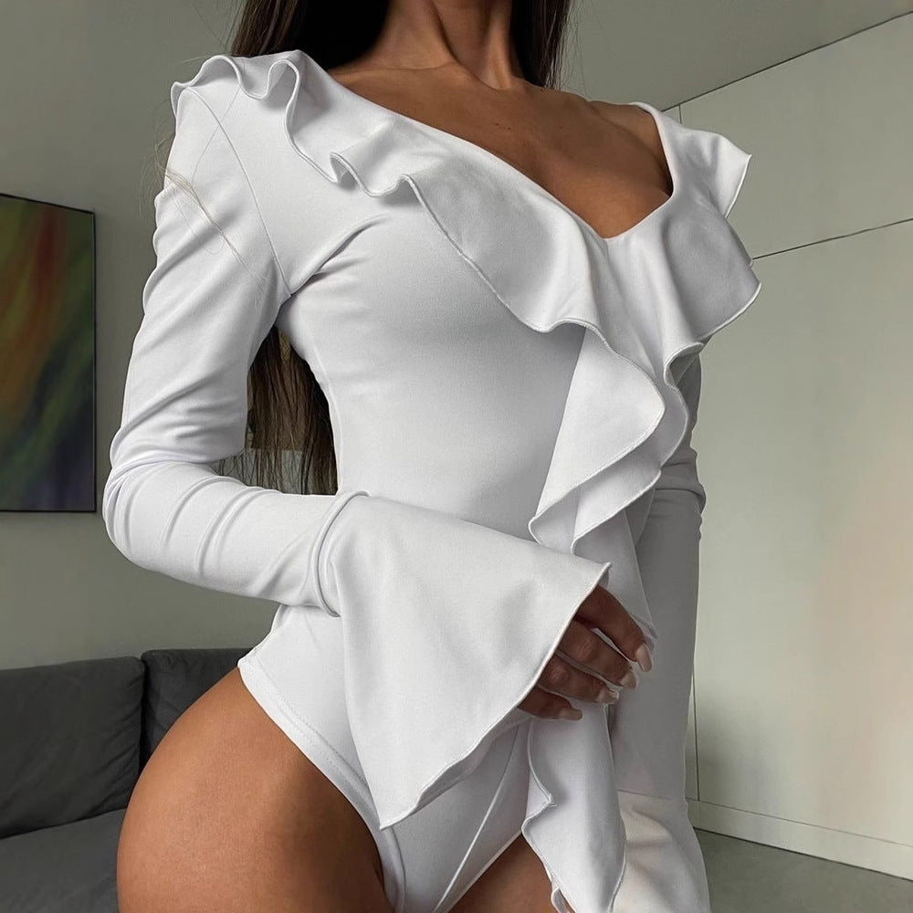Chic V-Neck Ruffle Patchwork Women's Jumpsuit