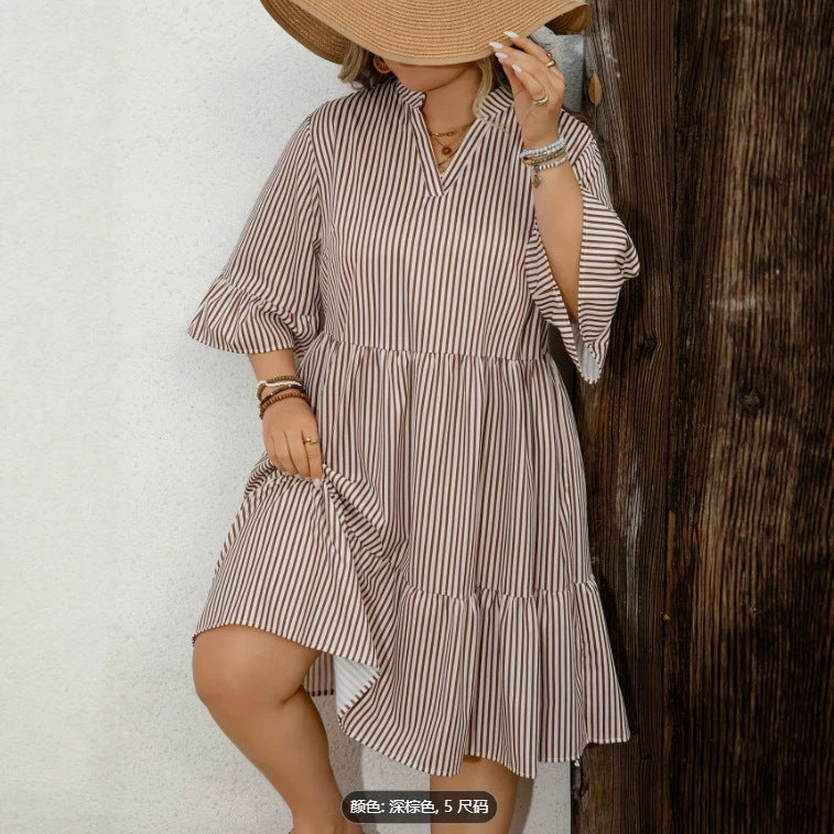 Womens Striped V-neck Bell-sleeve Casual Elegant Dress