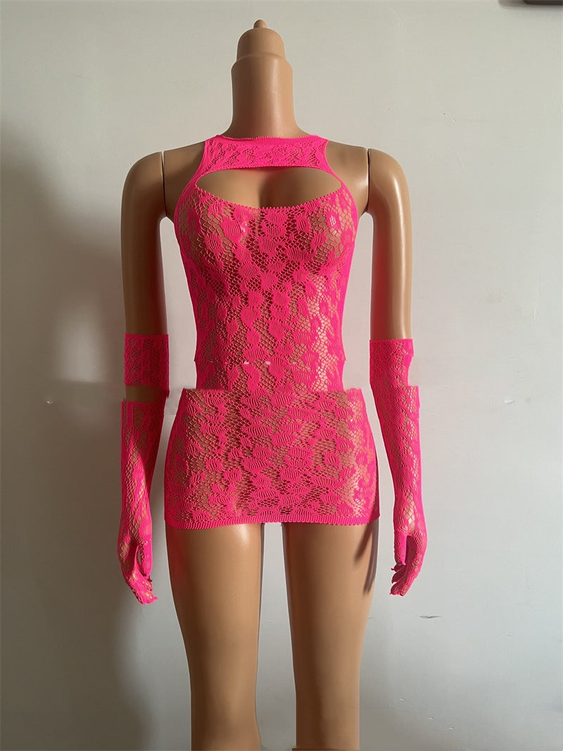 Vibrant Fishnet Dress & Gloves Set, One Size Fits Most
