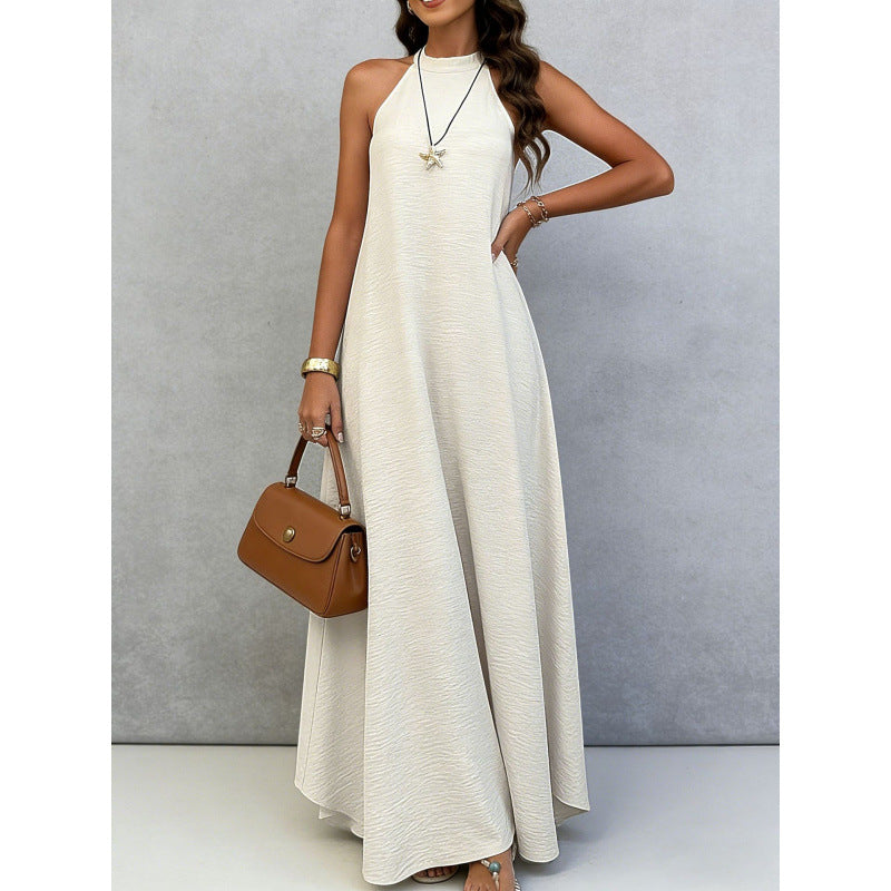 Womens Loose-fitting Plus-size Sleeveless Solid-color Dress