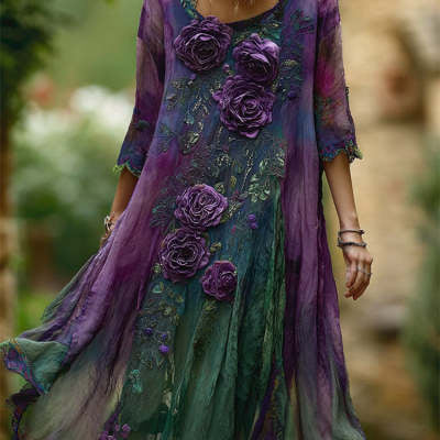 Womens Lightweight Printed Plus-size Loose-fitting Figure-flattering Maxi Dress