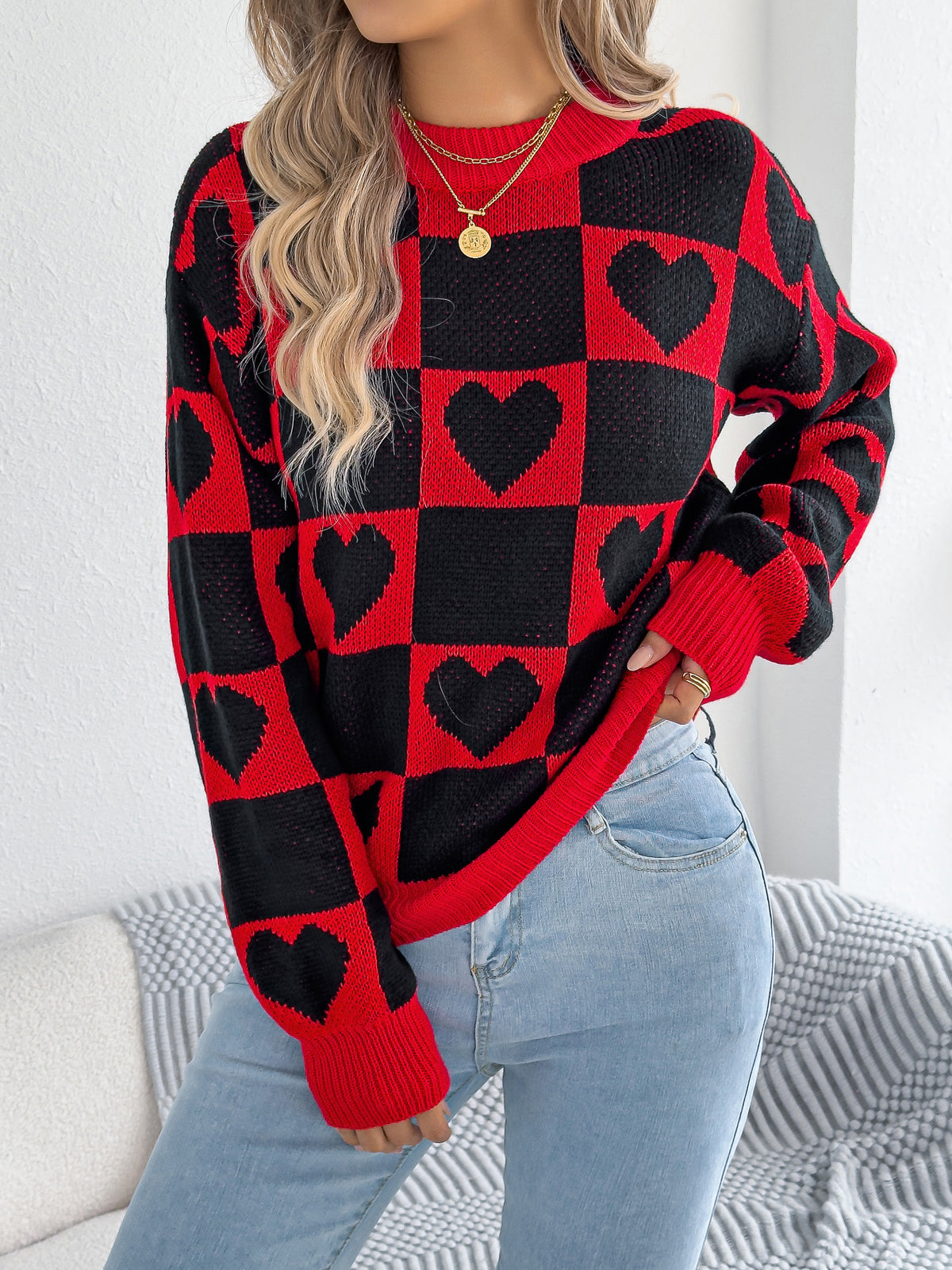 Women's Color-blocked Plaid Heart Lantern Sleeve Pullover Sweater for Valentine's Day