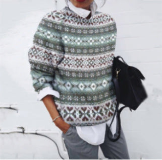 Chic Digital Print Round Neck Knit Sweater