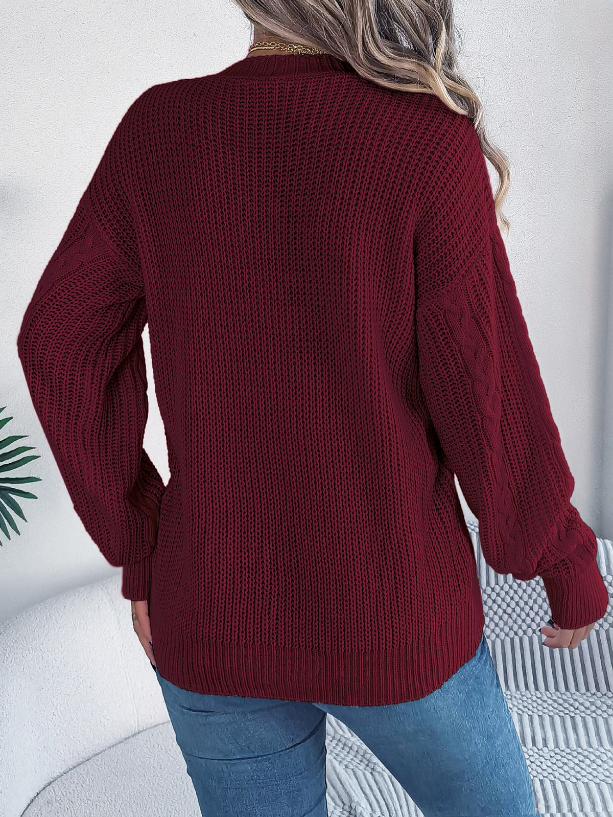 Women Casual V-neck Lantern Sleeve Cable Knit Button Cardigan Sweater