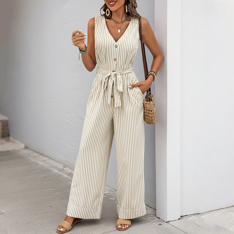 Women's Casual Striped Wide-Leg Jumpsuit