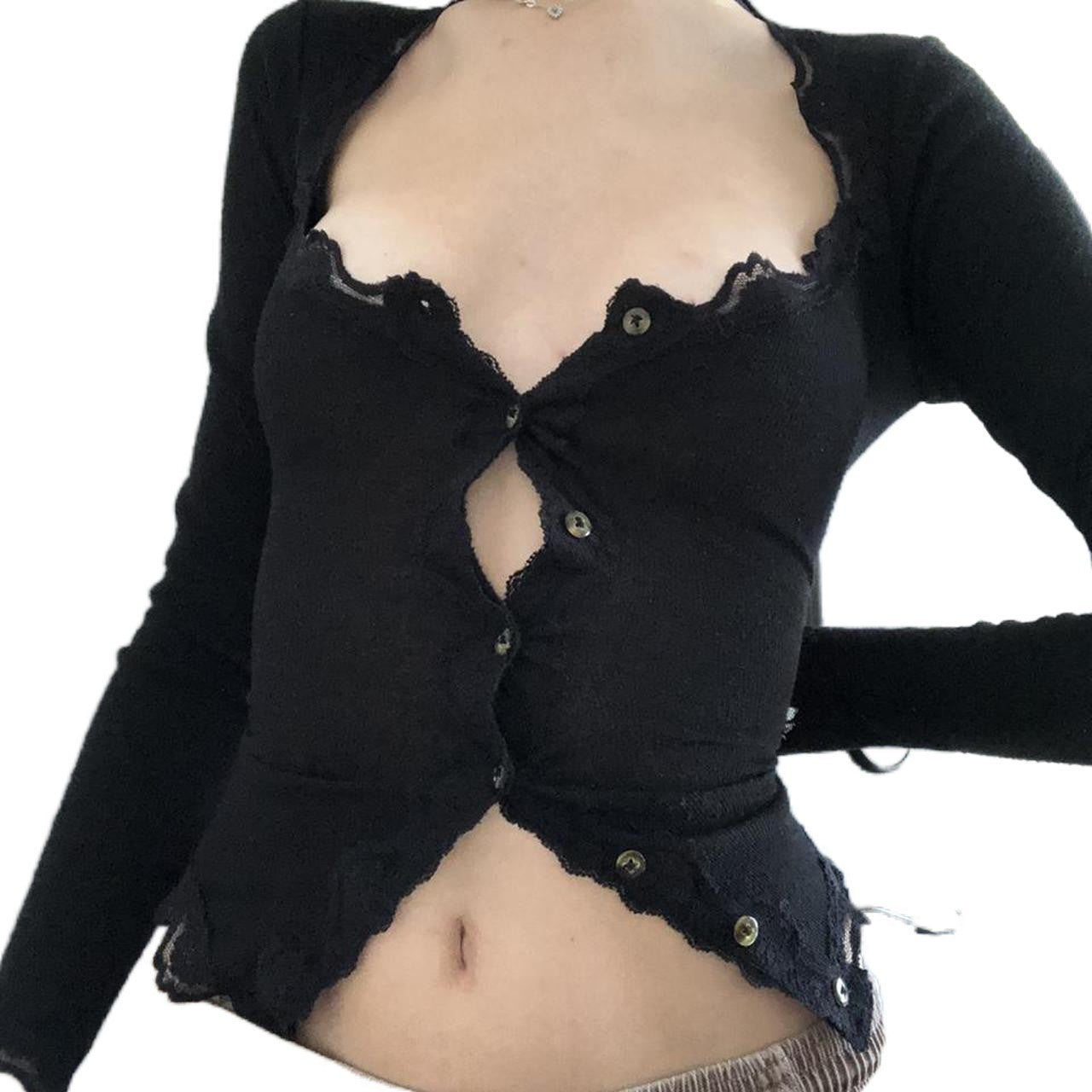 Lace Trim Button-Up Stretch Cardigan