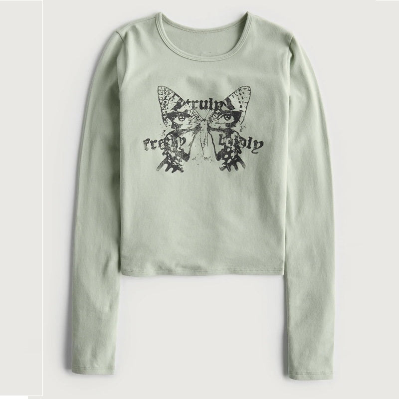 Vintage Geometric Print Long-Sleeve Slim T-Shirt