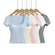 Soft Stretch Square-Neck Short-Sleeve T-Shirt with Chest Pads