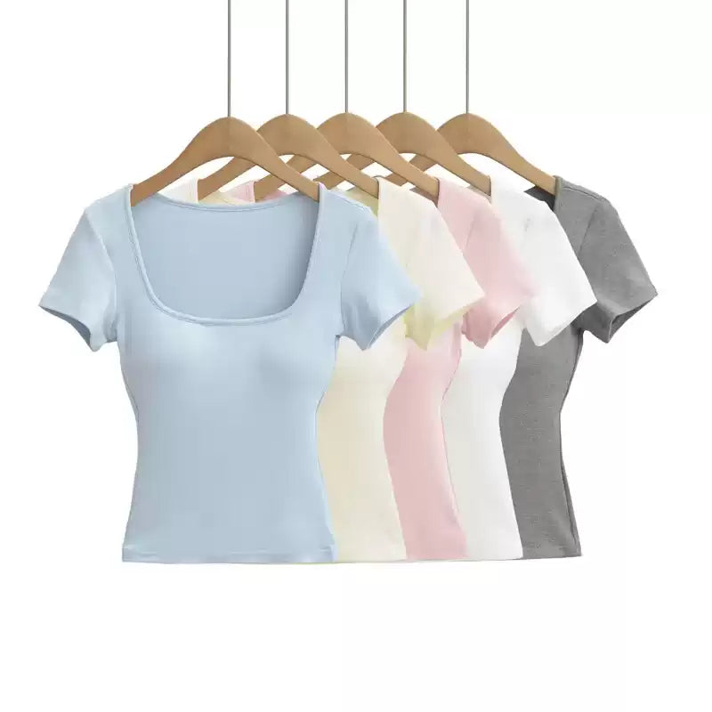 Soft Stretch Square-Neck Short-Sleeve T-Shirt with Chest Pads