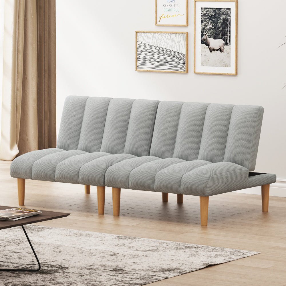 Grey Corduroy Convertible Sofa Bed with Wooden Legs