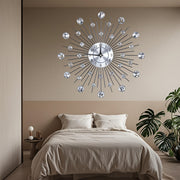 [Sparkling Bling Wall Clock] Sparkling Bling 3D Crystal Wall Clock - Metallic Silver Flower-Shaped Round Design for Living Room, Kitchen, Bedroom | Digital Needle Wall Decor | 12.99In