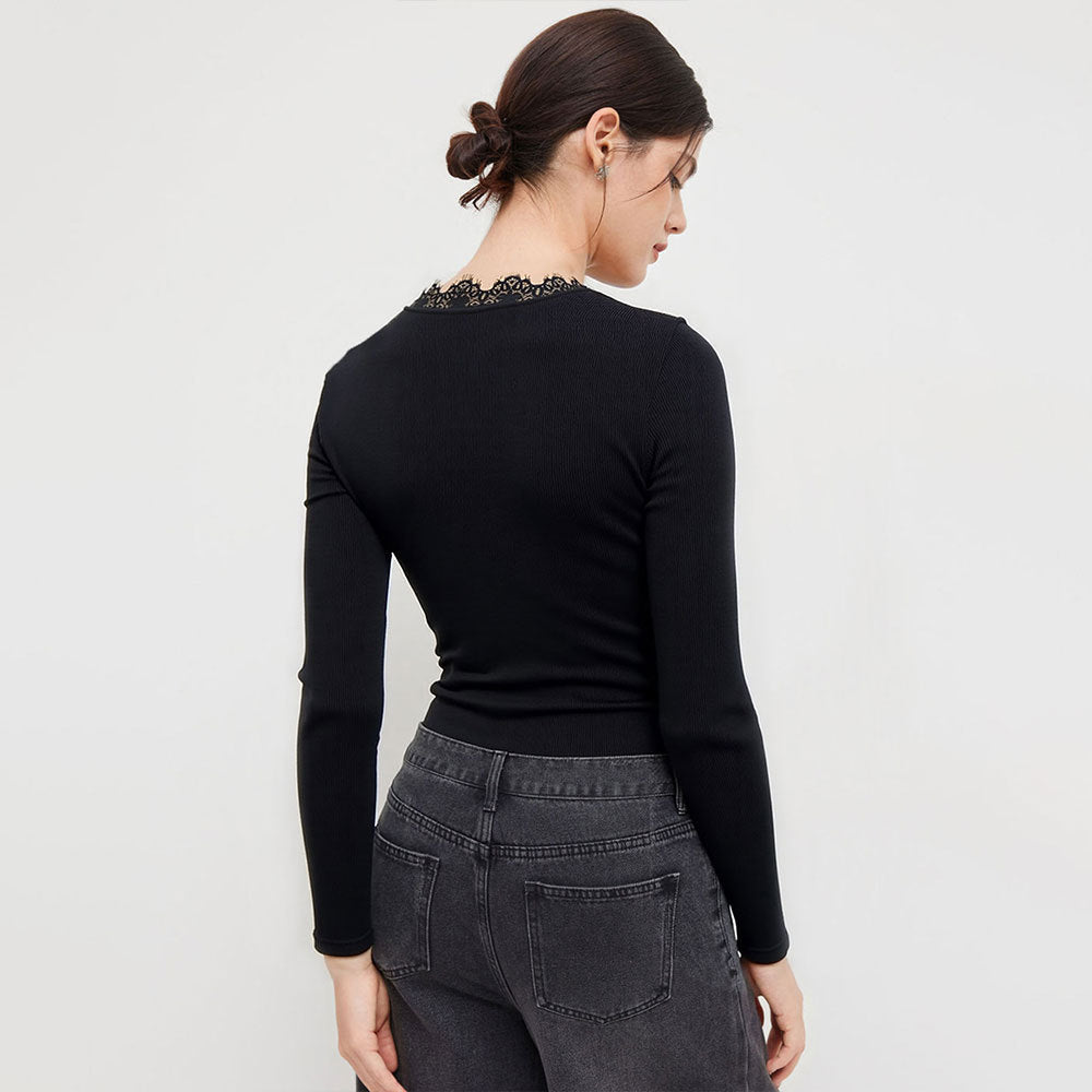 Black V-Neck Lace Trim Twist Slim Bodysuit