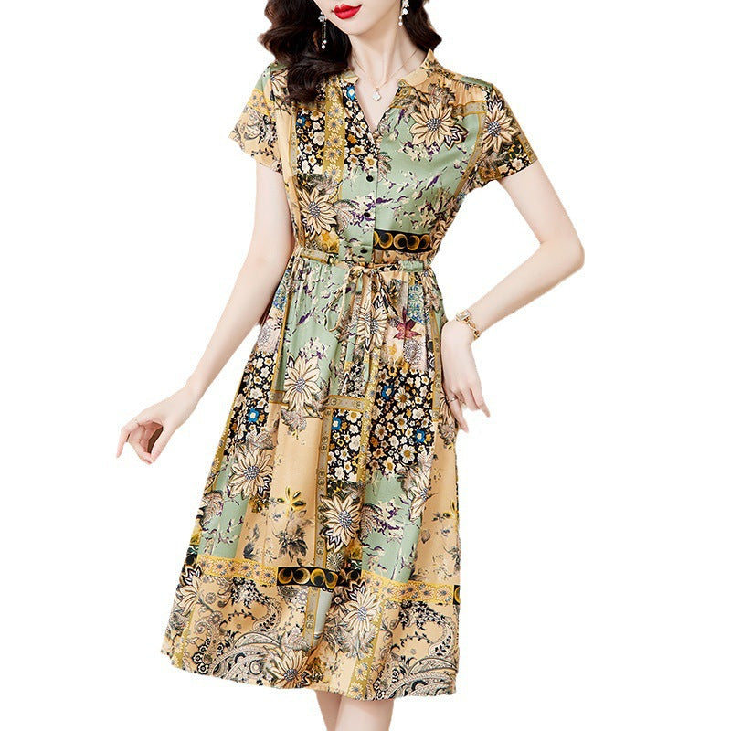 Elegant Floral Silk A-Line Dress for Mature Women