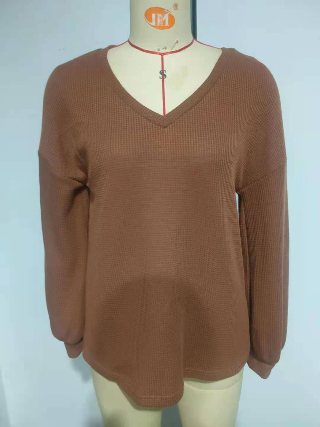 Spring And Summer V-neck Long-sleeved Waffle T-shirt