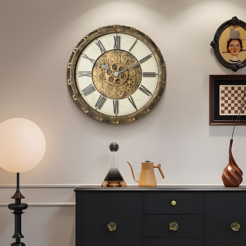 TIMESS 14.6 Inch Wall Clock With Real Moving Gears, Vintage Style Art Deco Wall Clock, Suitable For Decorating Rooms, Living Rooms And Kitchens, Batteries Included.