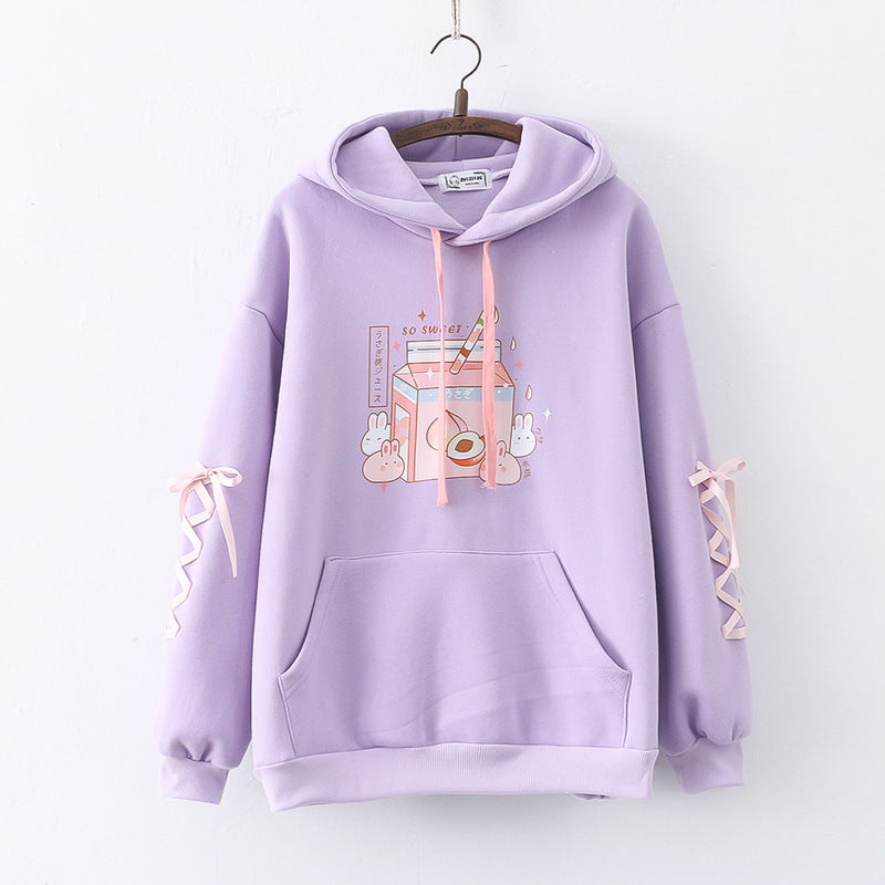 Cute Peach Bunny Fleece Pullover Hoodie