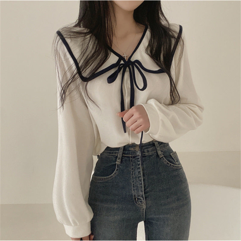 Loose Slimming Lapel Versatile Lace-up Women's Shirt