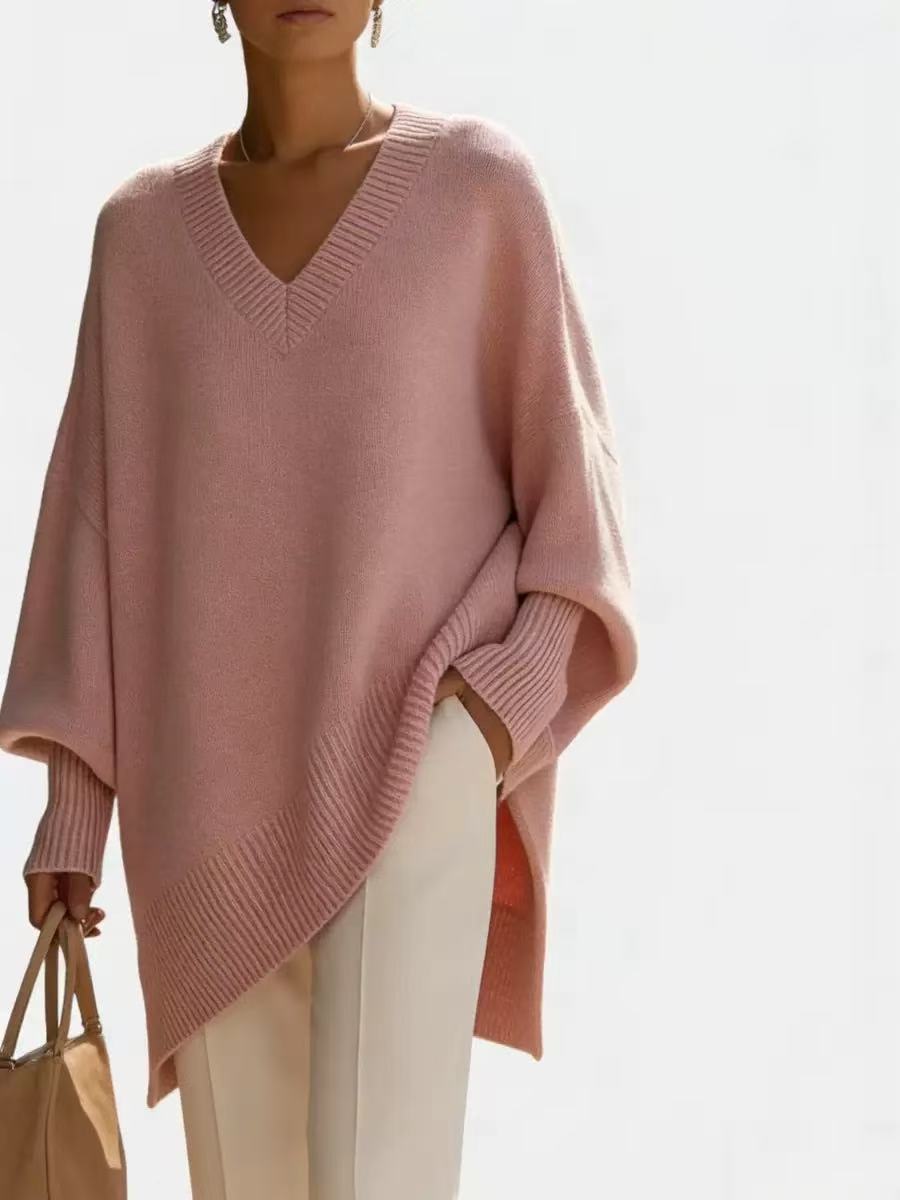 Solid-color Long-sleeve V-neck Laid-back Style Womens Sweater Top