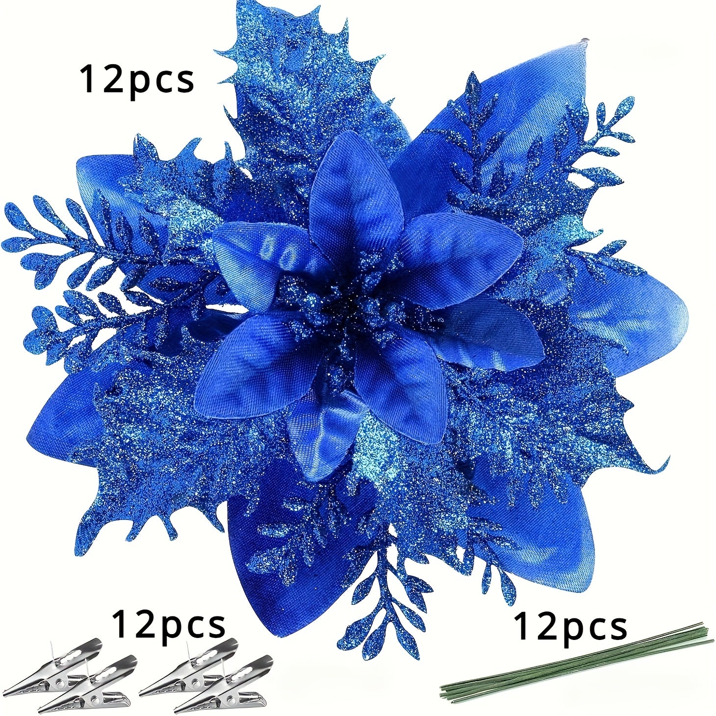 36pcs Glittering Christmas Star and Flower Hanging Ornaments Set with Clips and Stems - Perfect for Christmas Tree, Wreaths, Holiday Decorations, and Home Décor Multi-Purpose Gift
