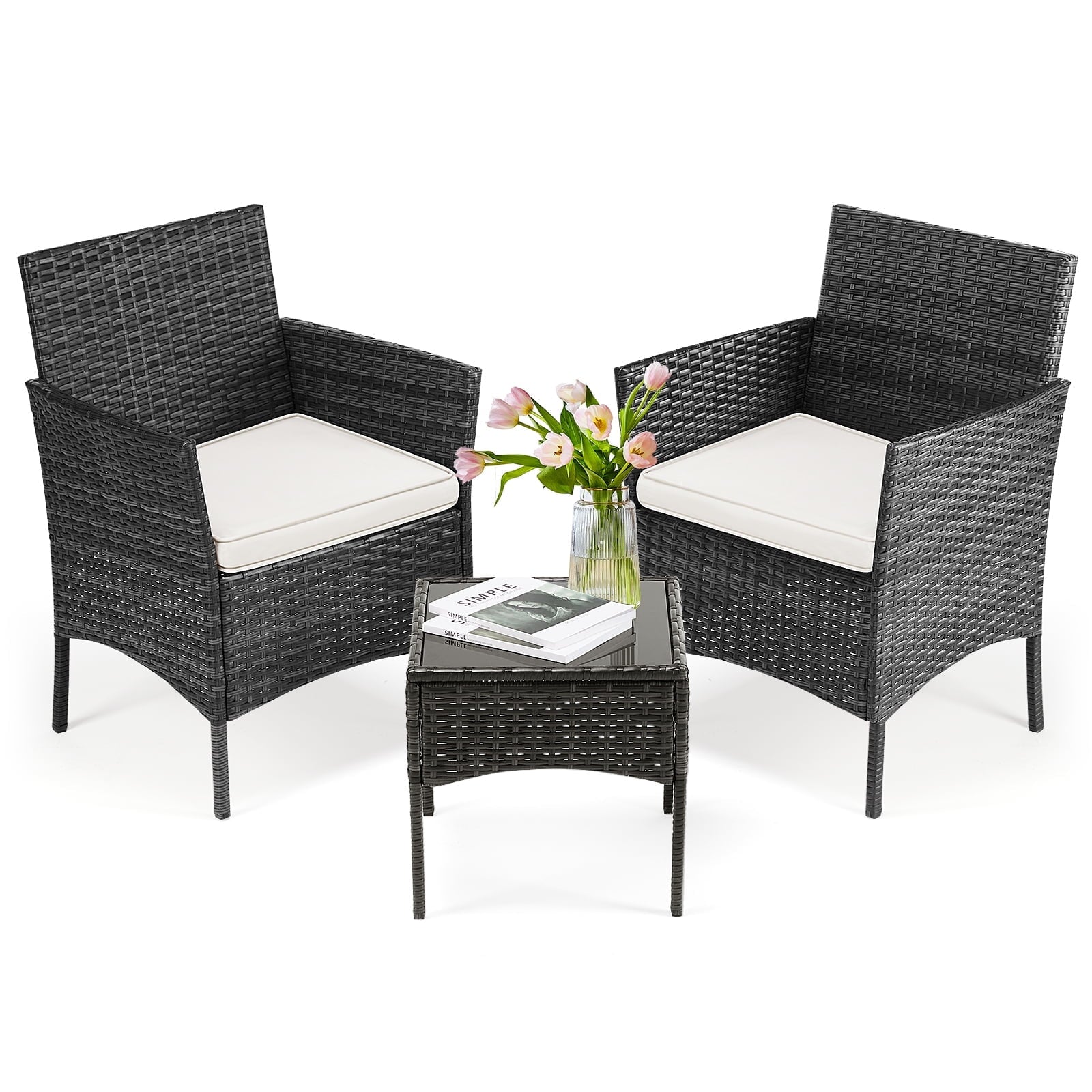 [Outdoor Wicker Bistro Set] 3pcs Patio Furniture Set, All-Weather Outdoor Wicker Chairs with Removable Cushions And Tempered Glass Table, Small Bistro Set for Porch, Balcony, Lawn, Backyard