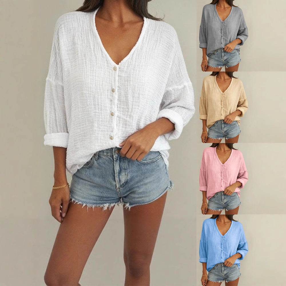 Loose-Fit V-Neck Long Sleeve Cardigan – Multi-Color Casual Tee