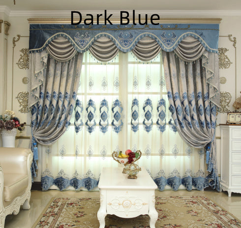 Blue Chenille Embroidered Curtains for Living Room Bedroom and Villa