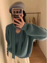 Womens Solid-color Loose V-neck Long-sleeve Sweater with Ribbons