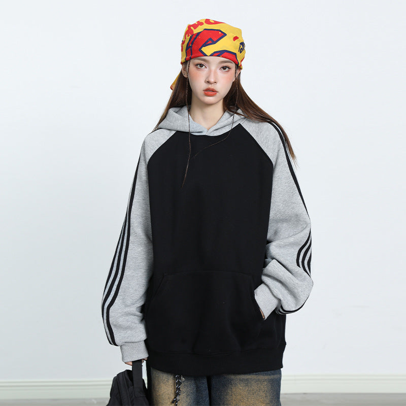 Unisex Contrast Stripe Raglan Pullover Casual Sweatshirt