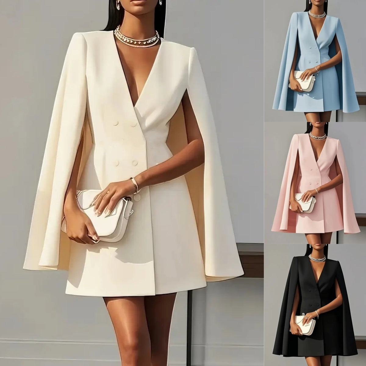 Amazon Women's Solid Color Blazer Dress, Double Breasted Cape Shawl…