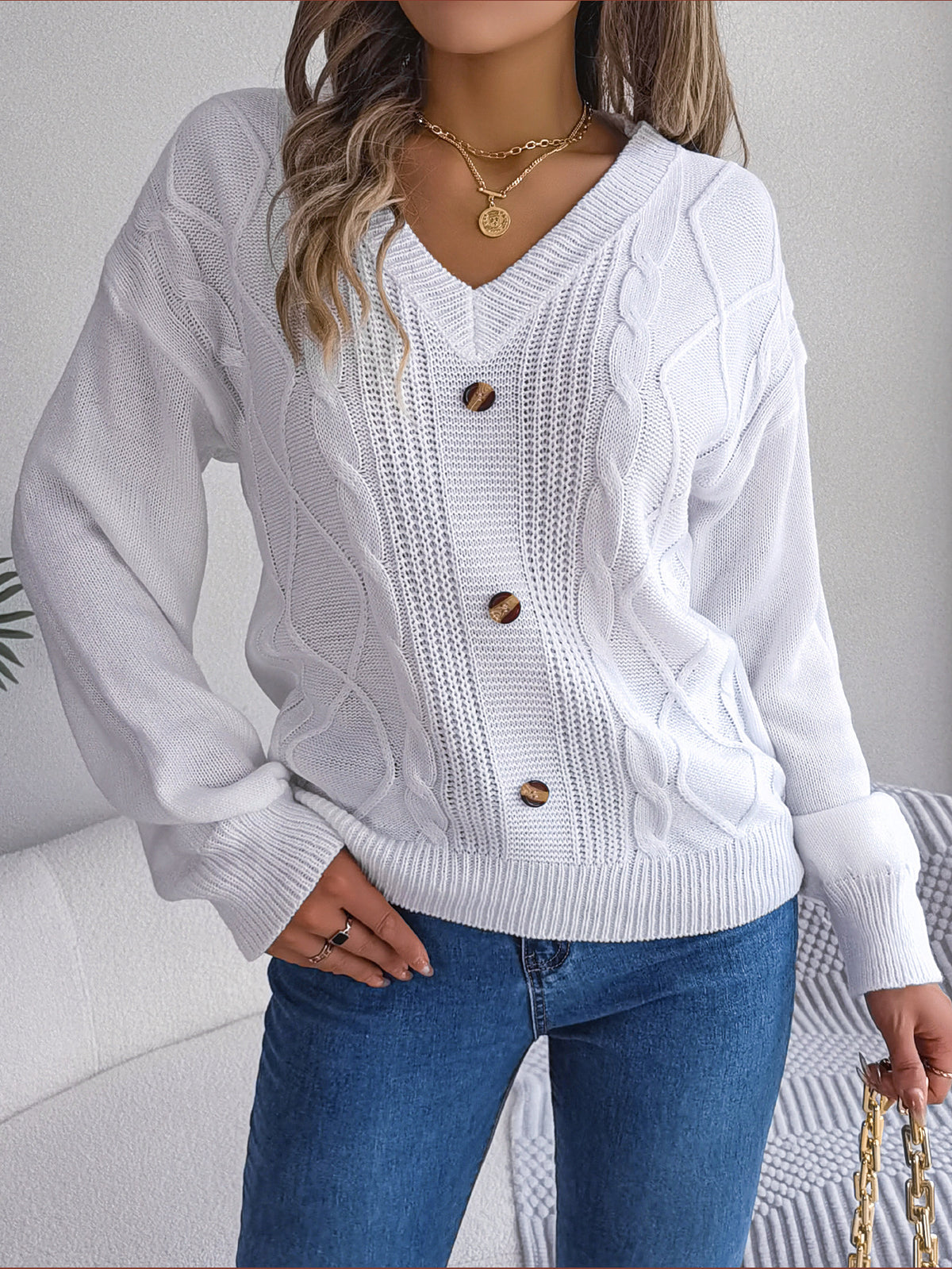 Solid-color V-neck Buttoned Cable-knit Puff-sleeve Pullover Sweater
