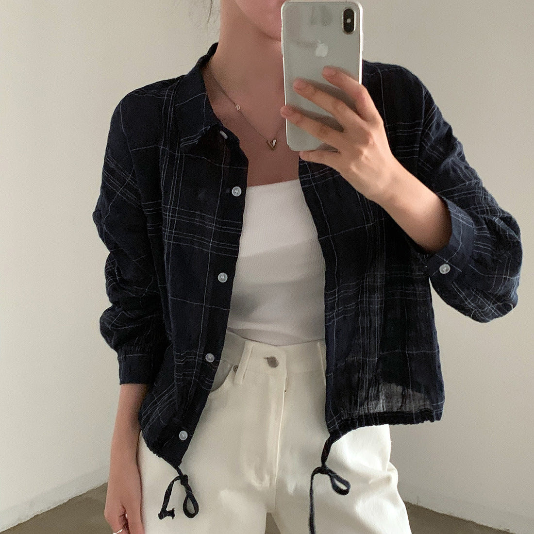 Retro Simple Plaid Loose Lapel Drawstring Long Sleeve Shirt