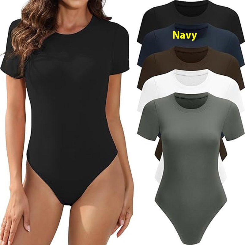 Women's Casual Stretch Crew Neck Basic One-Piece Bodysuit