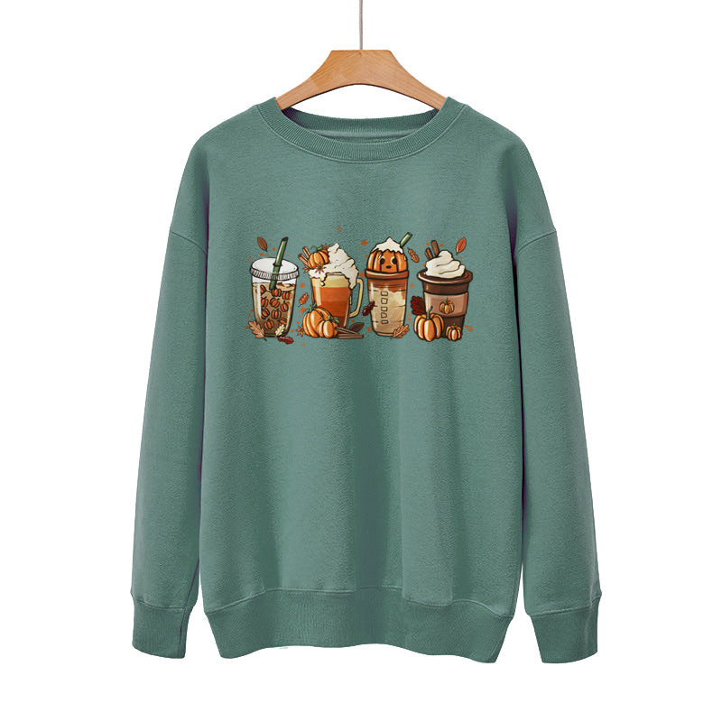 Pumpkin Coffee Halloween Casual Loose Pullover Sweatshirt