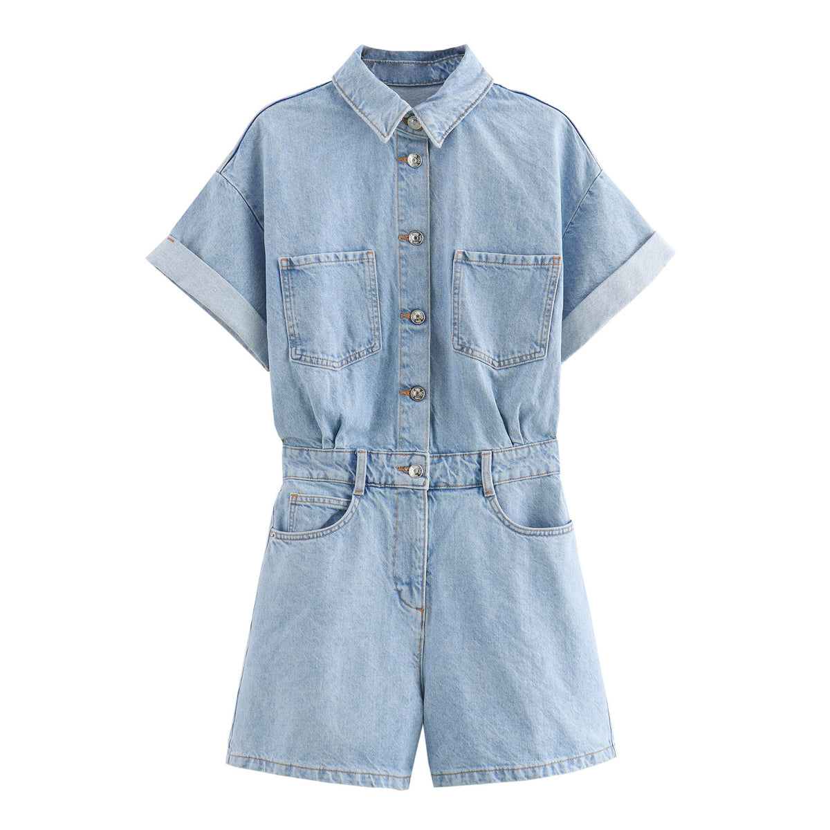 Lapel Multi-color Short Sleeve Denim Jumpsuit