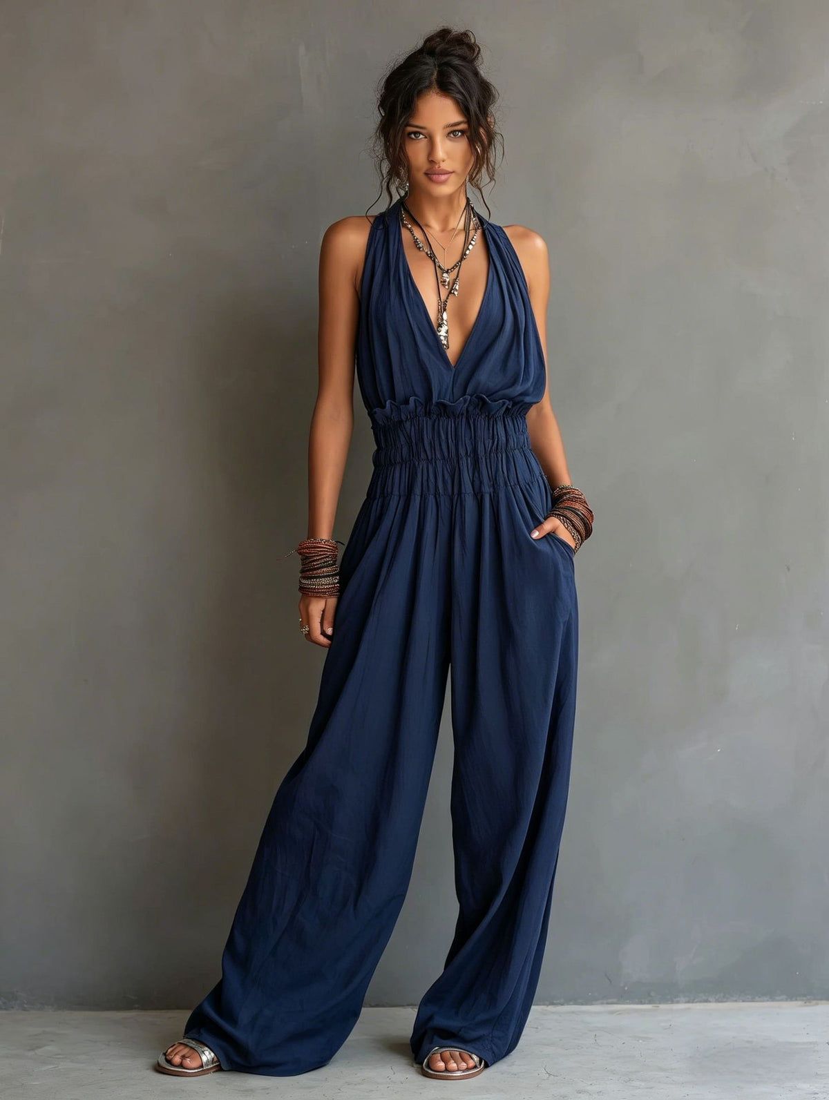 Halter V-Neck Waist-Cinching One-Piece Jumpsuit