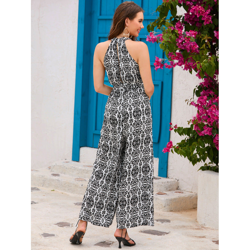 Bohemian Resort-Style Halterneck Defined-Waist Jumpsuit