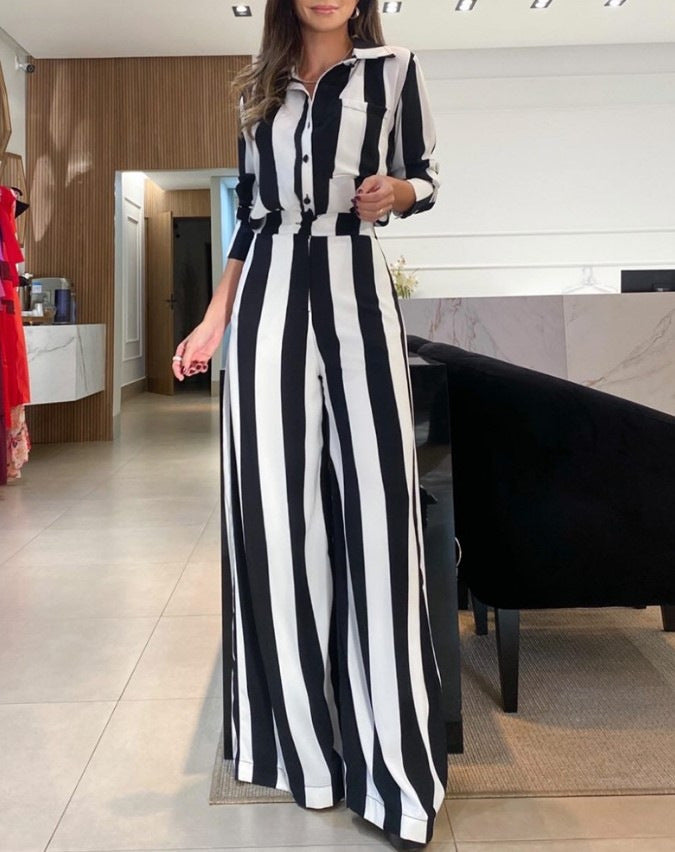 Chic Striped Button Shirt & Wide Leg Pants Set