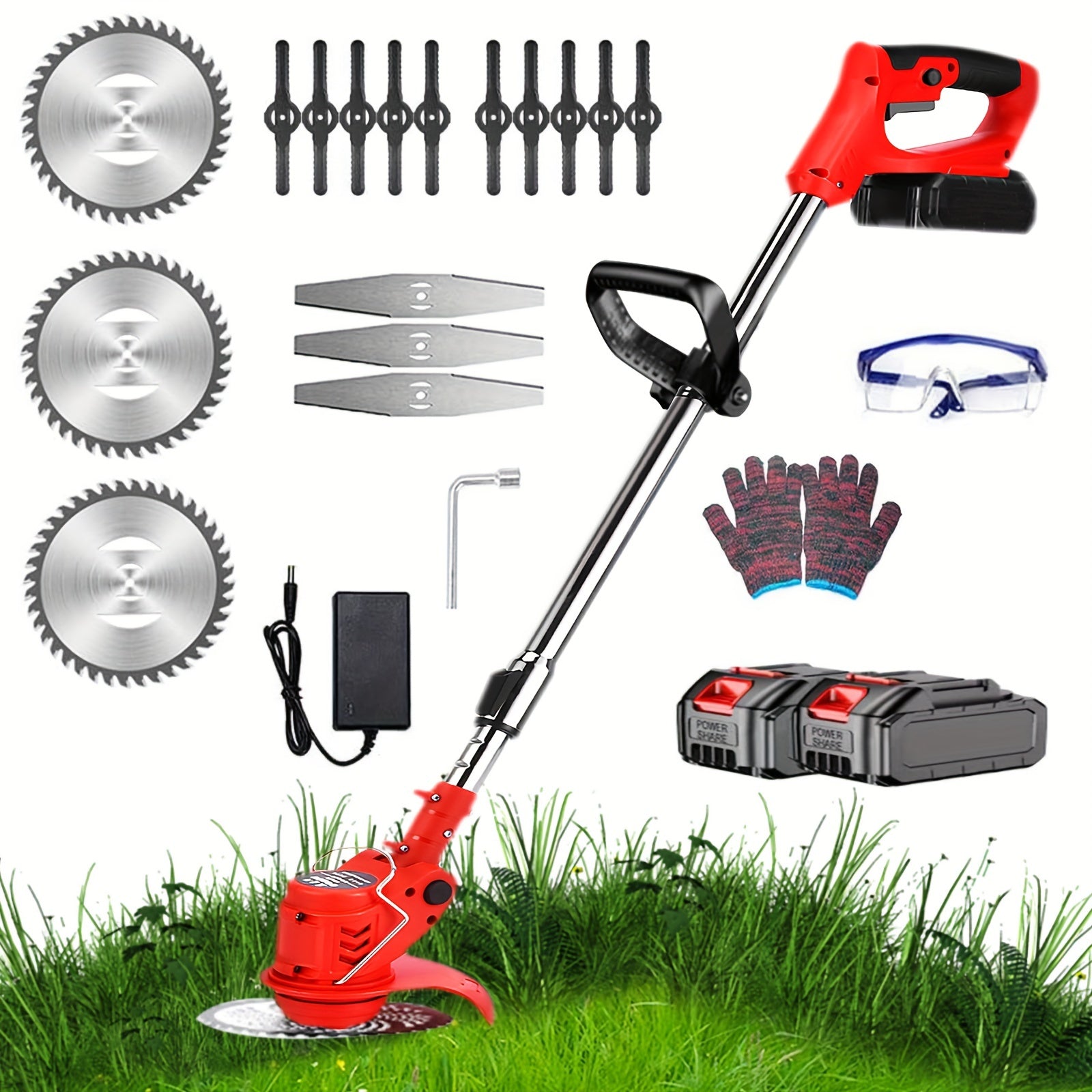24V Cordless Weed Wacker Brush Cutter – Battery-Powered String Trimmer with 2 Batteries, Charger and 3 Blade Types