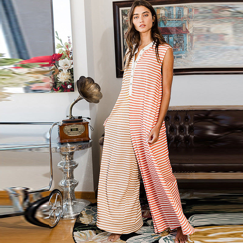 Sleeveless Jumpsuit Leisure Striped Printed Multi-pocket