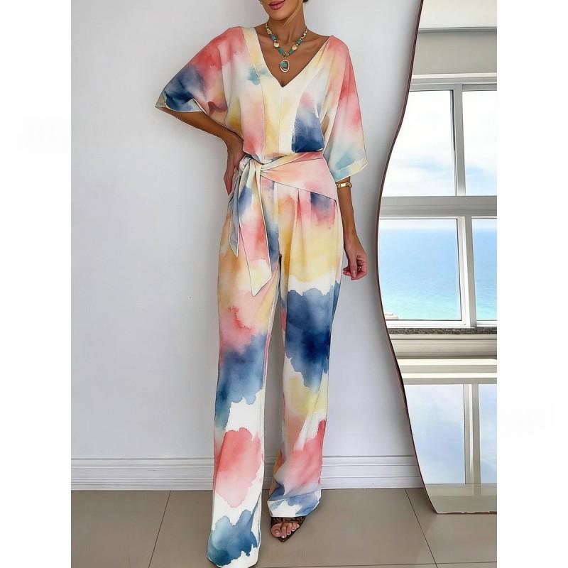 Chic V-Neck Casual Mid-Length Dress with Belt