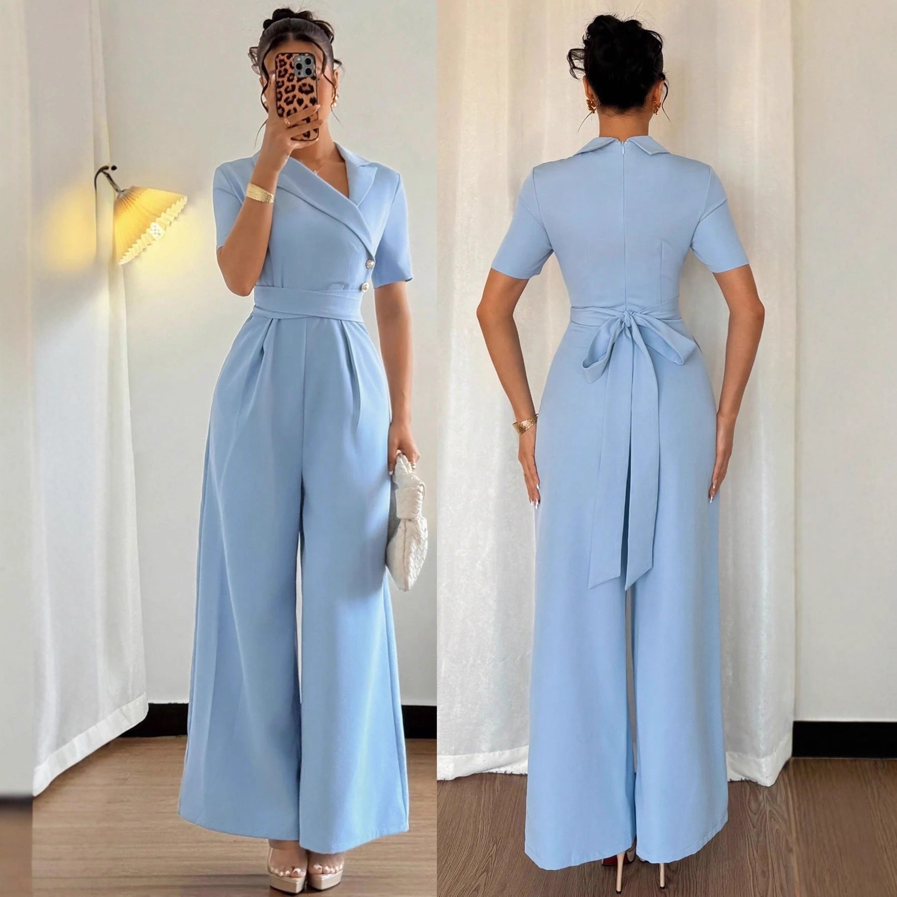 Women's Blue Off-Shoulder Belted Slim Jumpsuit
