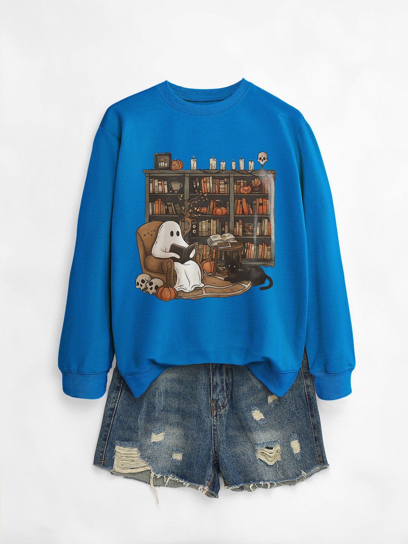 Cozy Black Cat Bookshelf Halloween Sweatshirt
