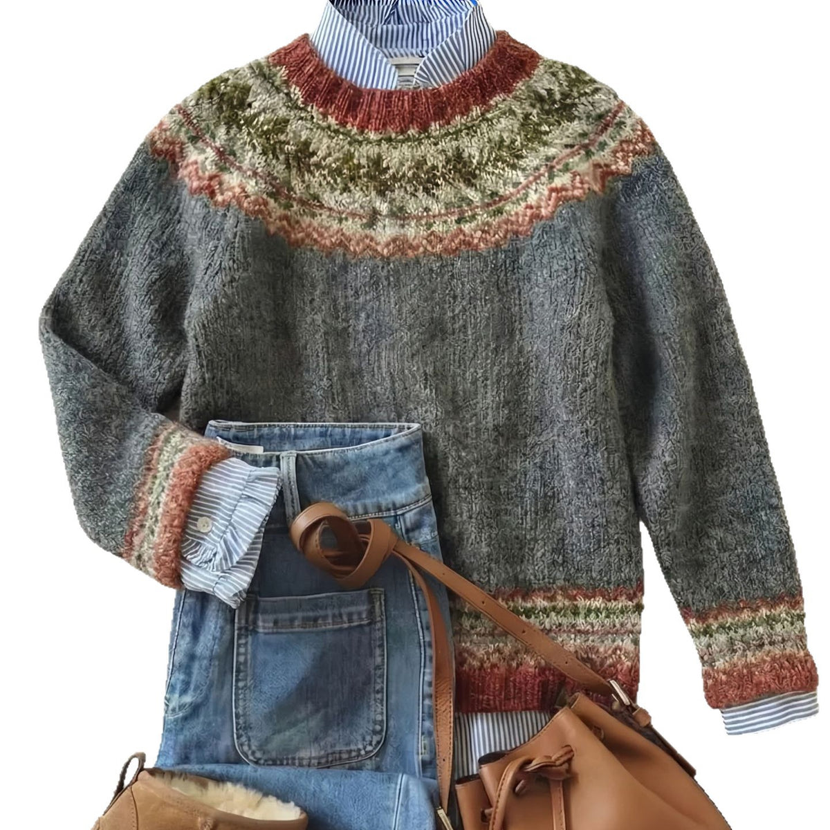 Retro Crew-neck Knit Sweater From Europe and the Us Casual Relaxed Fit Color-block Long-sleeve Pullover