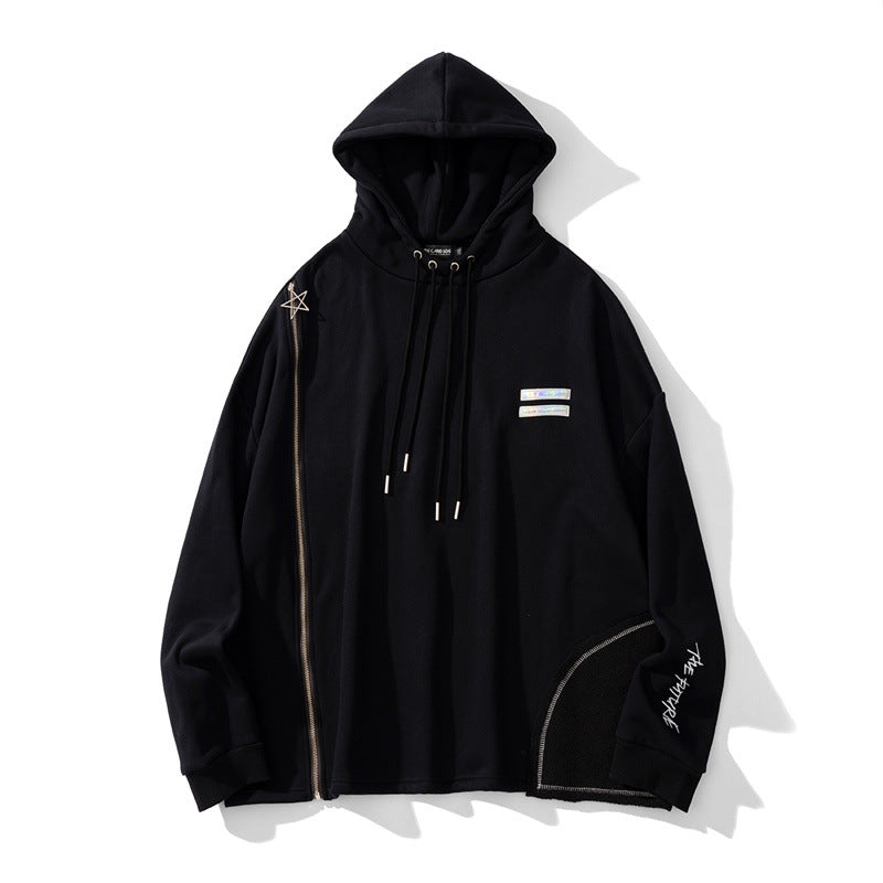 Retro Fleece Zip Hoodie with Drawstring & Pockets
